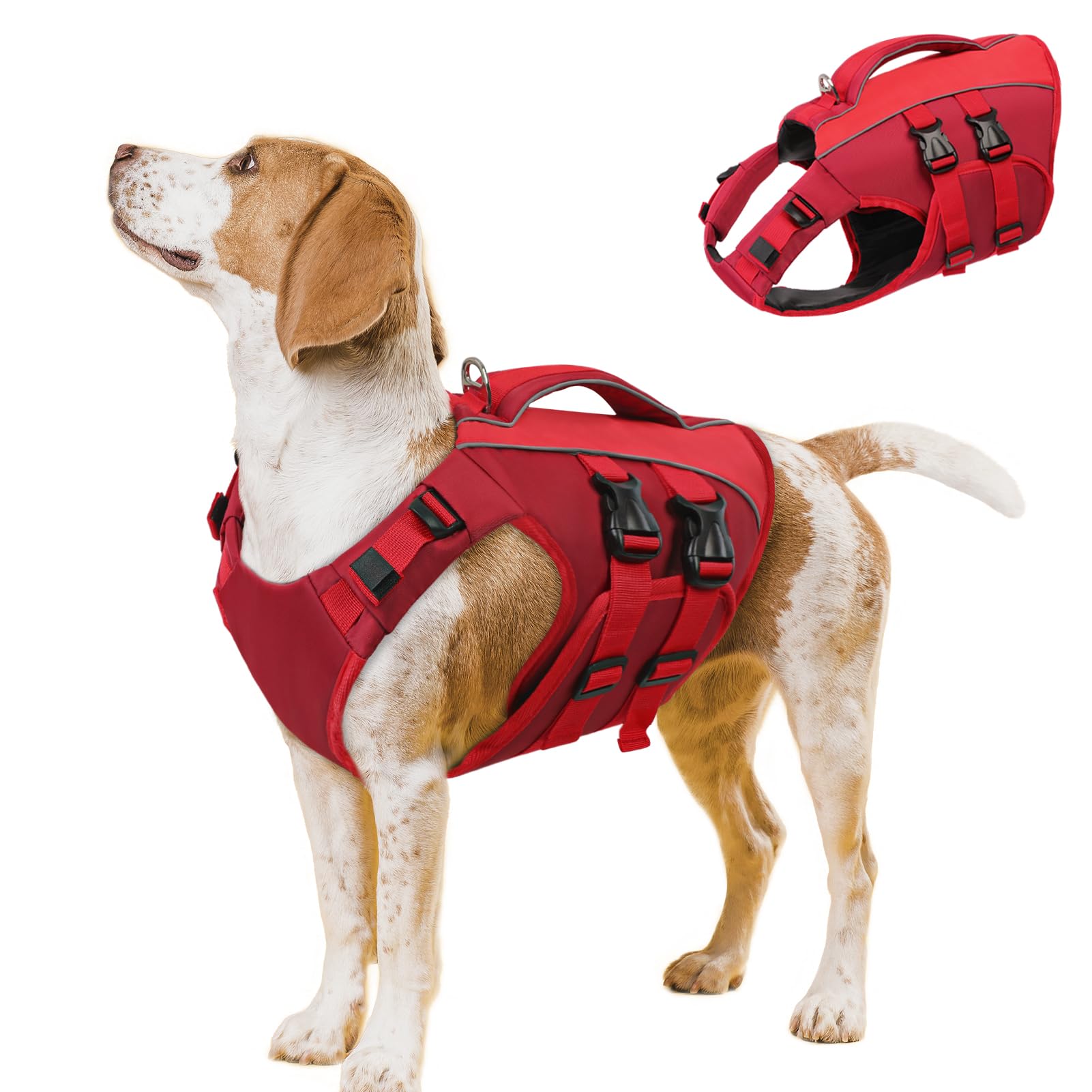 Qeenmore Giubbotto Salvagente Cane Taglia Grande - L Rosso, Ripstop, Con Maniglia Di Salvataggio, Per Bulldog Francese, Bassotto