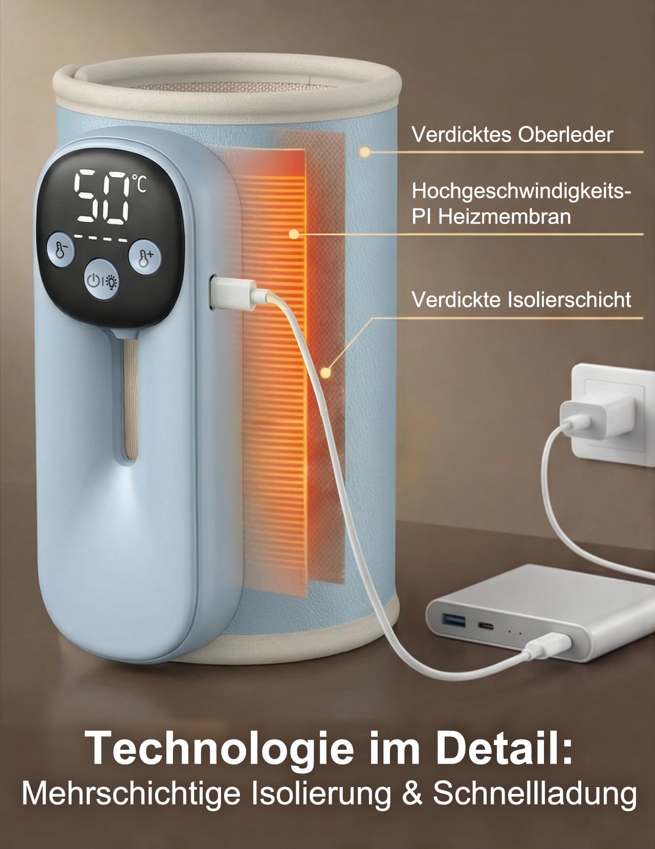 Flaschenwärmer Baby unterwegs 8000mAh Akku, 6 Temperaturen (Lazur) | Tragbarer Flaschenwärmer mit LED-Display, Nachtlicht & USB-C Schnellladung – für unterwegs & Nachtfütterung