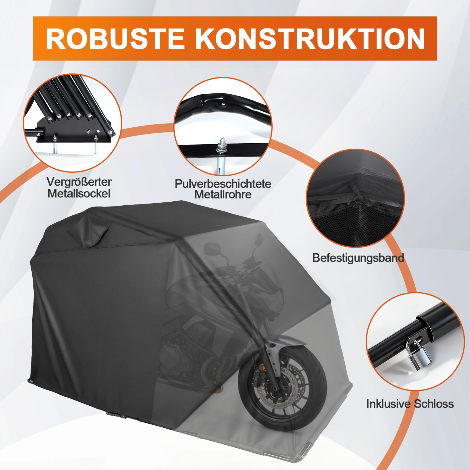 Motorrad Zelt Garage, 280x120x150 cm Schwarz Faltgarage Motorradgarage Oxford-Stoff mit Metallrahmen Universal Faltgarage Zeltgarage Motorradgarage Schutzplane für Motorräder Motorroller Fahrräder Kin