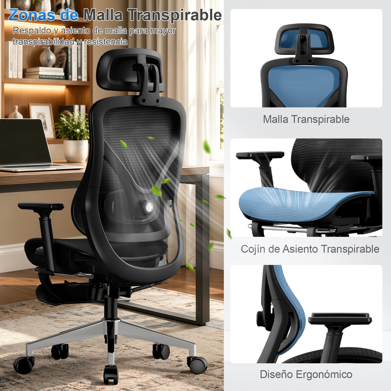 Silla Ergonómica de Oficina con Soporte Lumbar Ajustable y Reposapiés, Silla de Reclinable con Regulable Reposabrazos y Reposacabezas para Oficina en Casa, Estudio y Gaming, Negra