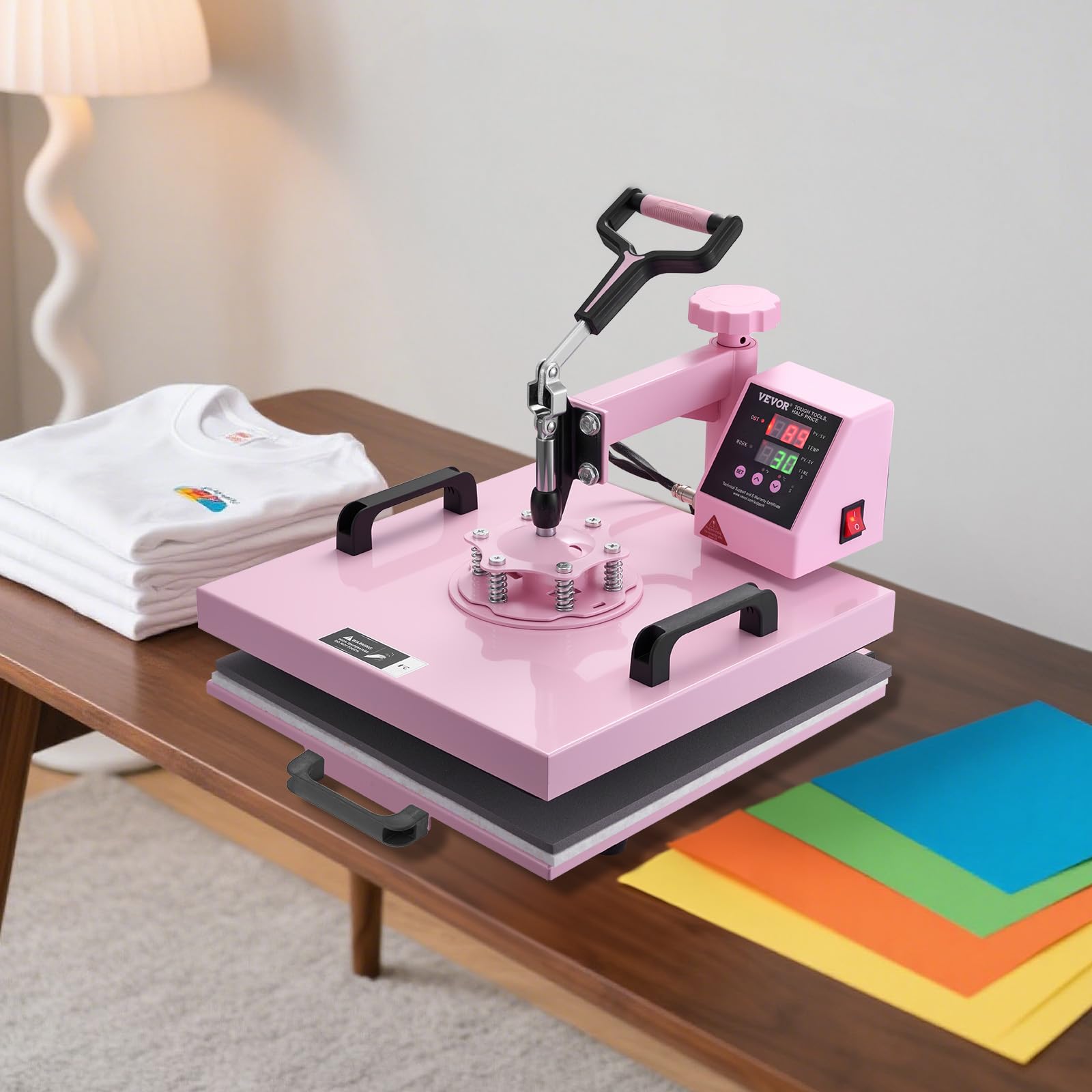 VEVOR Macchina per Trasferimento Termico 380 x 380 mm Macchina per Pressatura a Caldo 8 in 1 con Pressa a Tamburo 0,17 kg-0,85 kg Pressatura per Magliette Oscillante a 360° per Magliette/Piatti, Rosa