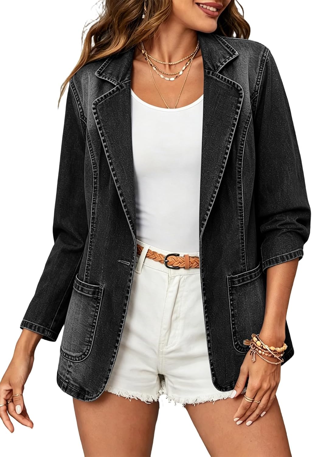 Women's Notched Lapel Denim Blazer One Button Long Sleeve Slim Jean Jacket