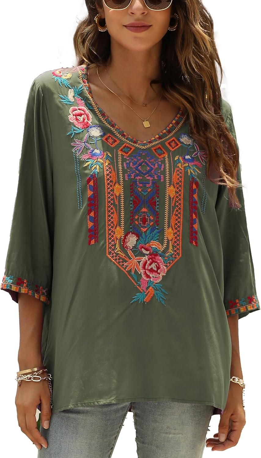 Mexican Shirts Peasant Blouses Bohemian Embroidered Tops Boho Clothes for Women - Image 5