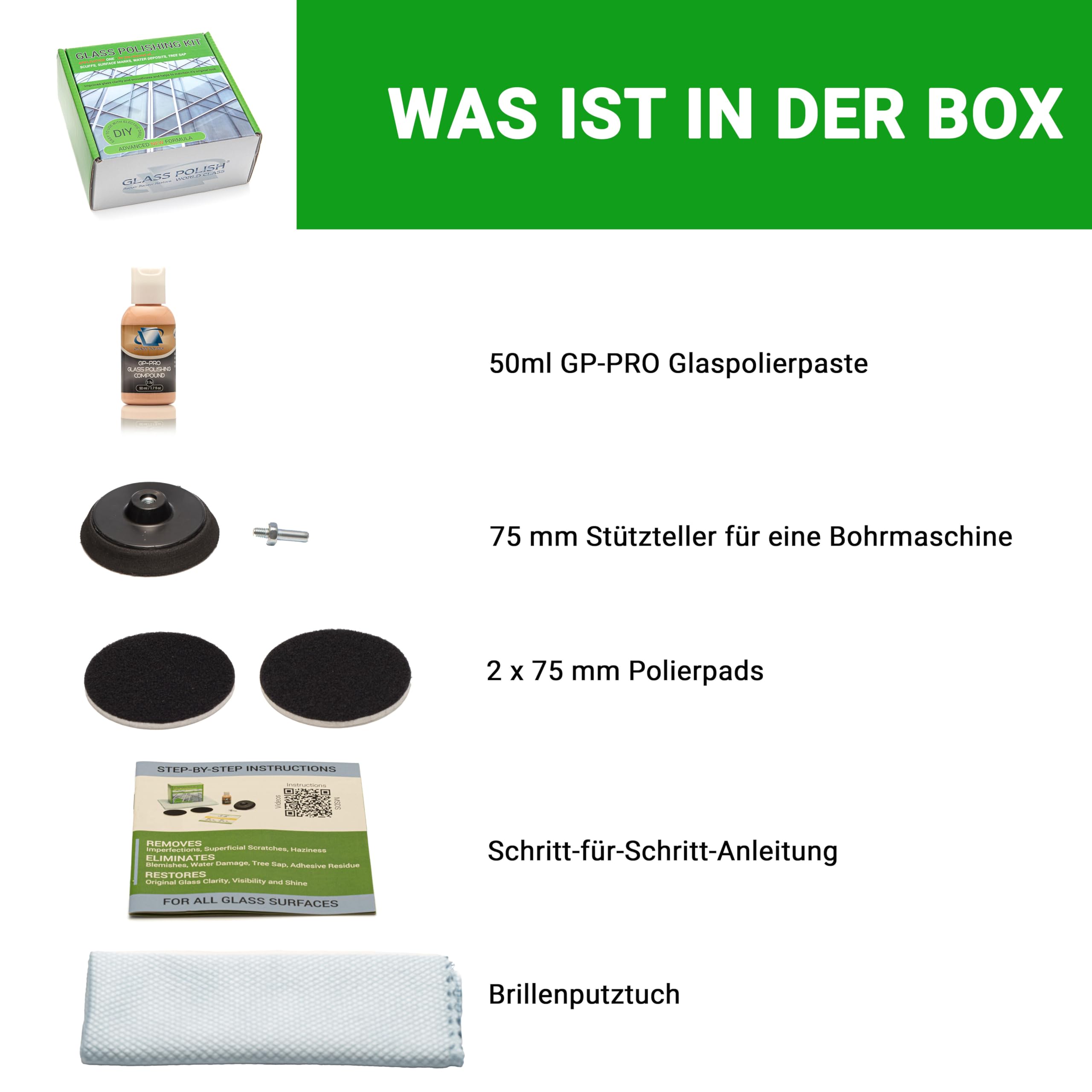 Glass Polish 21002 Glas Polieren Do-it-yourself-Glaspoliturkit für den Do-it-yourself-Gebrauch auf allen Glasoberflächen – Ø 75 mm mit Bohraufsatz