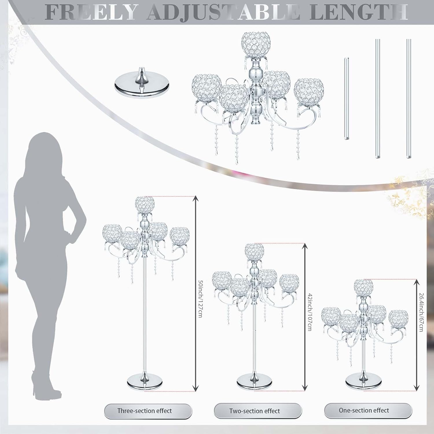 50" Metal Crystal Tealight Candlestick Candle Holder with Pendants - Multi-Height Floor/Table Centerpiece for Home Decor, Wedding & Party Events - Elegant Crystal Bowl Design (Silver-2pcs, 5-Arm)
