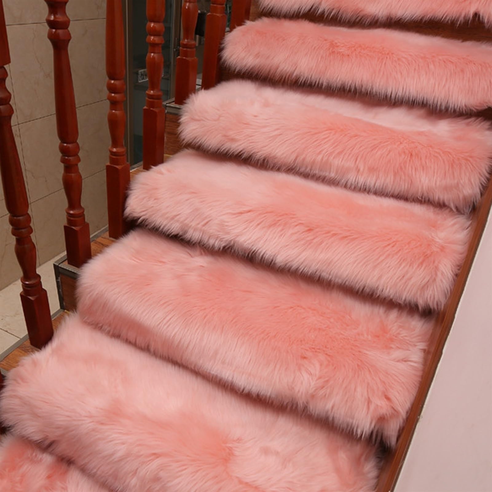 Stufenmatten Selbstklebend, Treppenteppich Kunstfell, Treppenverkleidungen, Stufenteppich, Treppenmatten Innen für Kinder ÄLtere, Waschbarer(Light pink,25x75 cm (15 Pieces))