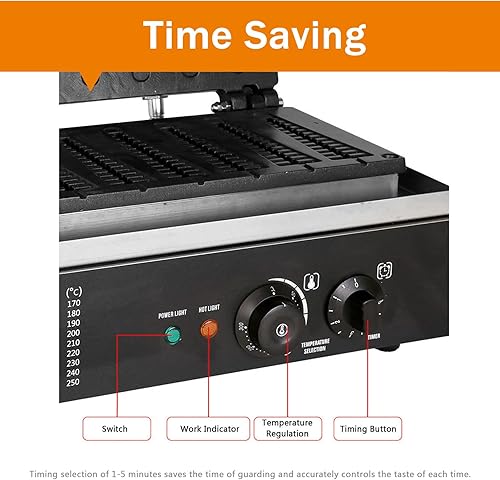 Miniatura 7 de Máquina de gofres comercial, máquina eléctrica antiadherente de 1550 W con revestimiento de teflón, horneador de gofres ajustable de 122-572  con