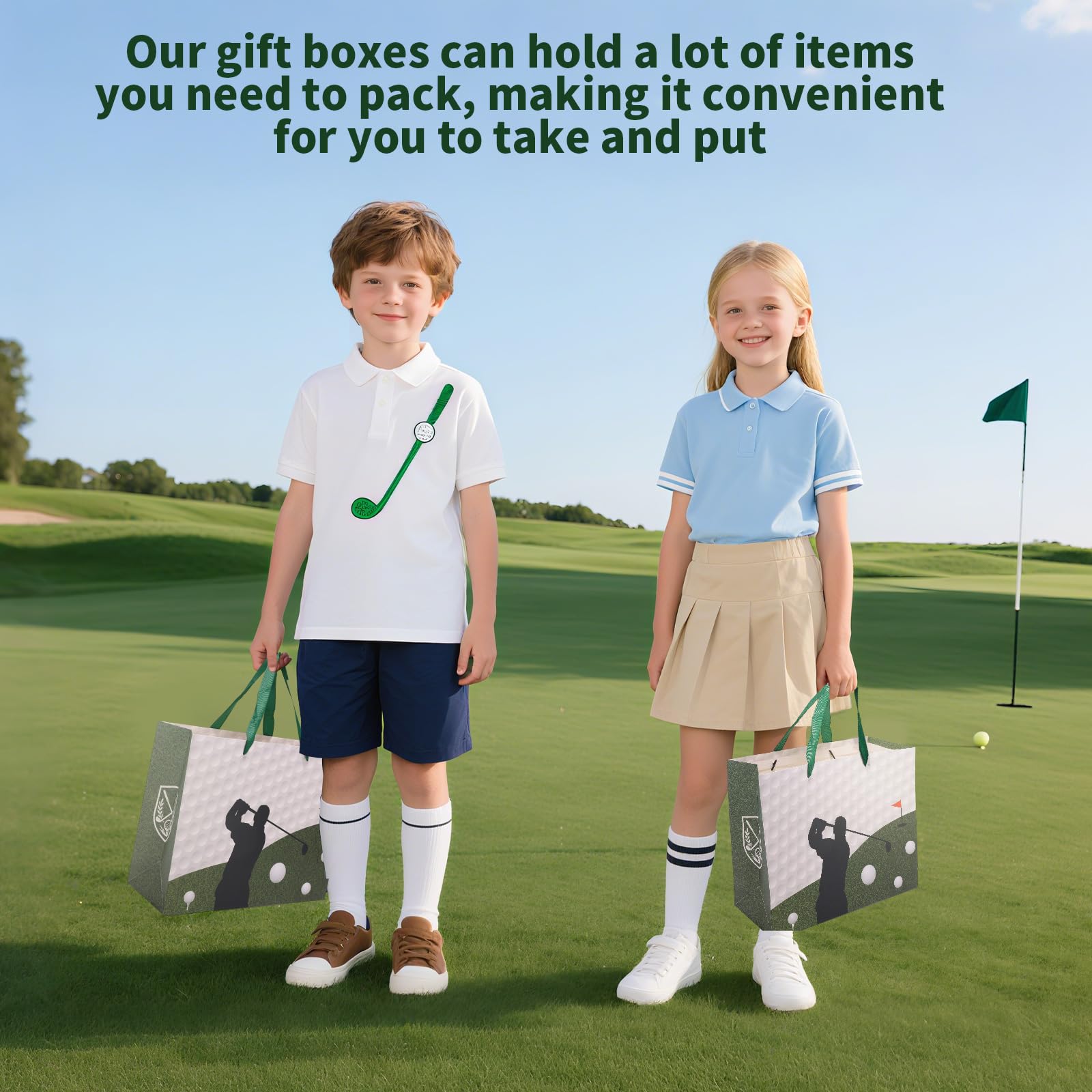 Golf Birthday Gift Bag, Golf Themed Green Gift Wrapping Bag with Tissue Paper and Greeting Card for Men Kids Sports Themed Birthday Party Decor Supplies