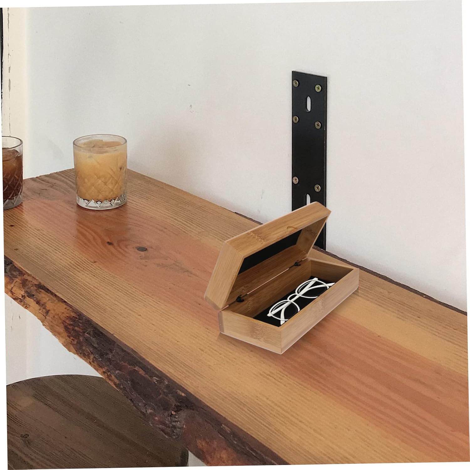 GALPADA Spring Clamshell Wooden Glasses Case Bamboo Grain Eyeglasses Storage Box Compression Resistant Sunglass Holder for Travel Simple Design for Men and Women
