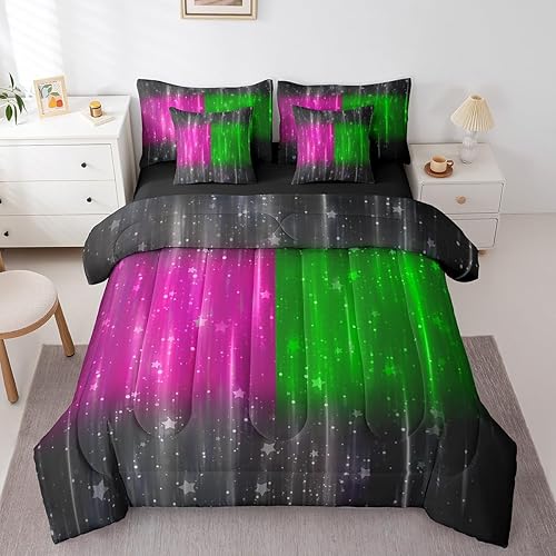 Black and Hot Pink Green Bed in a Bag 7pcs Abstract Glowing Gradient Bedding Set