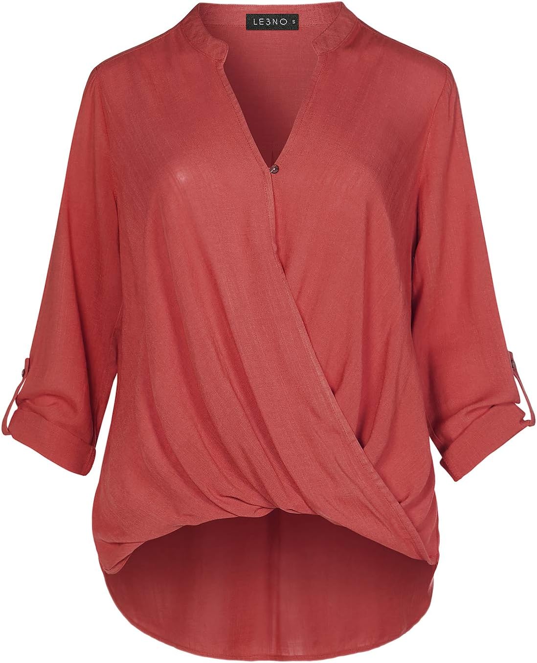 LE3NO Womens Casual Relaxed Fit Twist Front Blouse Shirt Top with Roll Up Sleeves