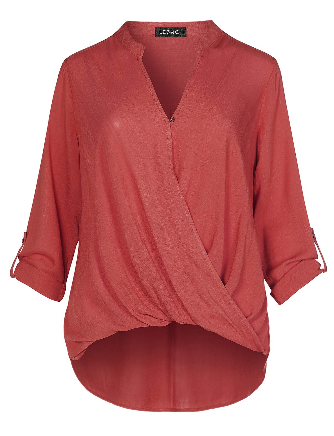 LE3NO Womens Casual Relaxed Fit Twist Front Blouse Shirt Top with Roll Up Sleeves