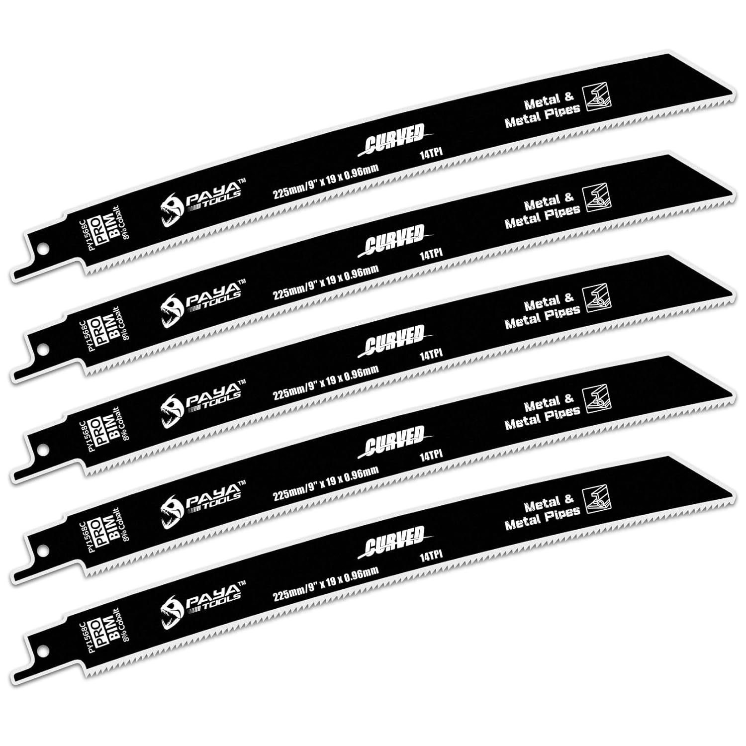 Curved Edge Heavy Metal Cutting 9 Inch 14TPI Reciprocating Saw Blade,Bi-Metal Cobalt Sabre Saw Blades for Pipe, Rebar (5-Pack)