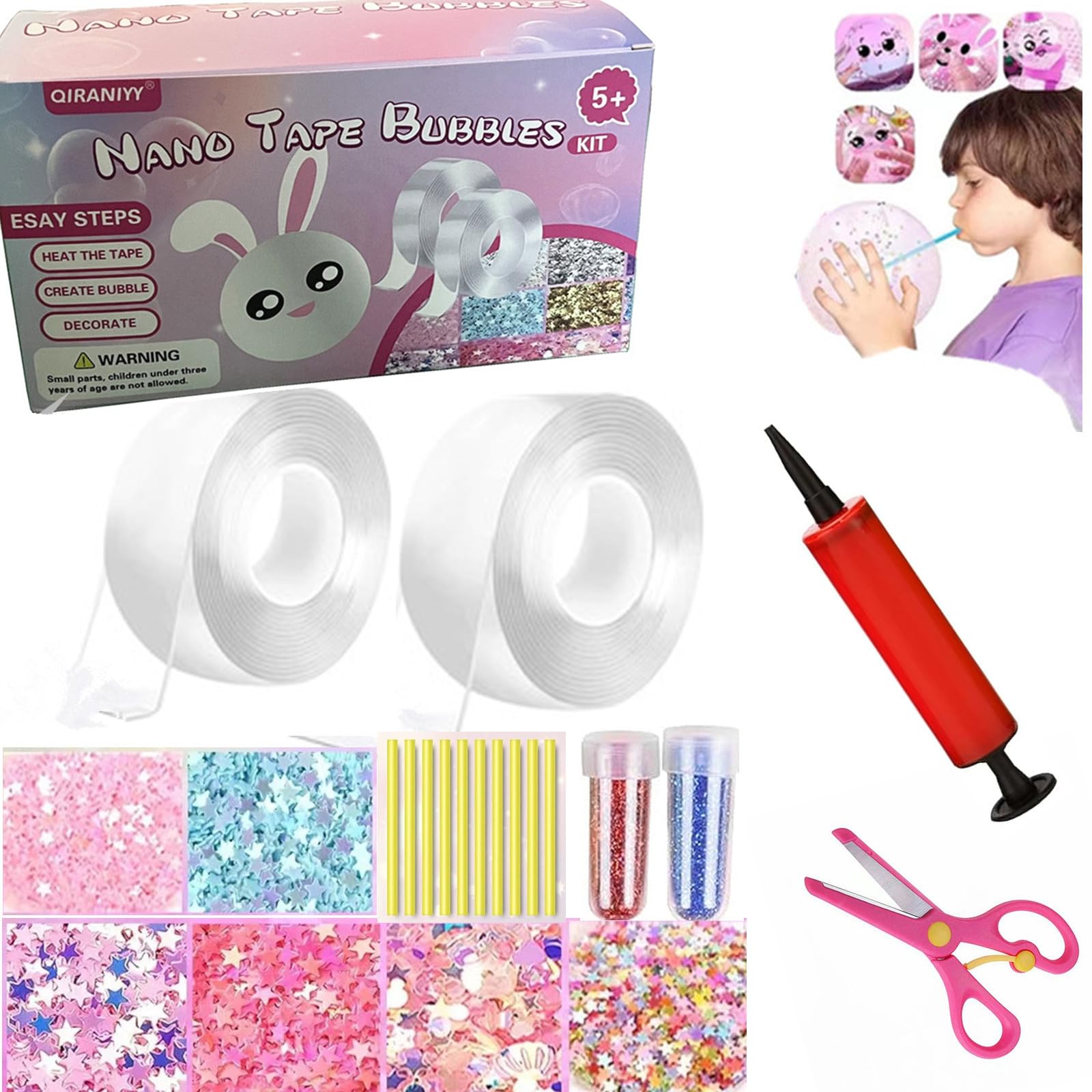 QIRANIYY Nano Tape Bubble Kit Nano Double Sided Adhesive Tape Bubbles Plastic Bubble DIY Craft Kit, Nano Tape Bubble Kit for Kids, Girls, Boys, 9.84Ft×2Pcs Clear Nano Tape DIY Kit