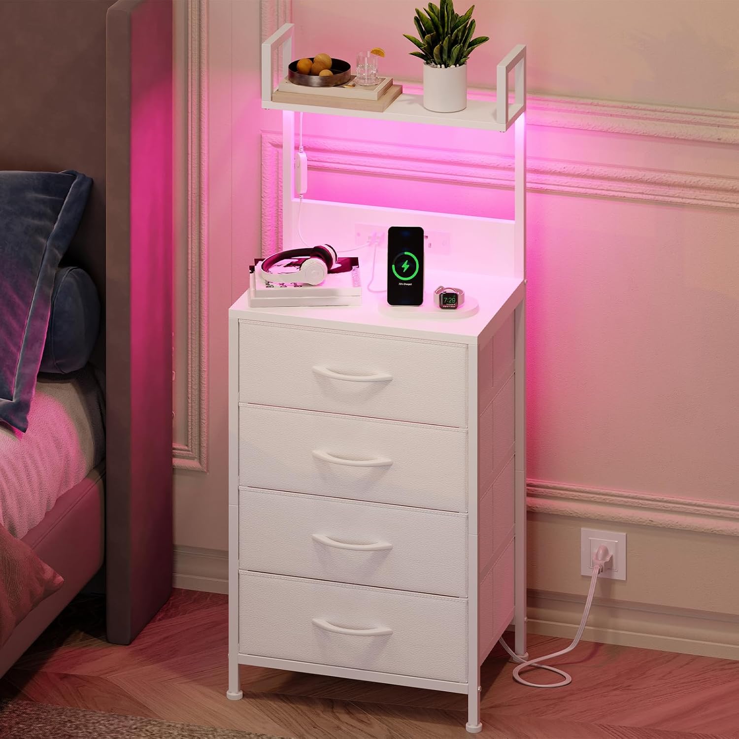 Somdot White Nightstand with Charging Station and LED Lights, Bedside Table Tall Night Stand with 4 Fabric Drawers and Top Shelf for Bedroom Guest Room Dorm Hallway
