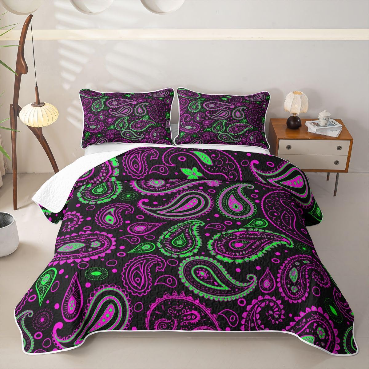 Manfei Purple Green Paisley Quilt Set Queen Size, Boho Paisley Bandanas Beding Quilted Set 3pcs, Chic Bohemian Floral Bedspread Coverlet with 2 Pillow Shams, Kids Boys Girls Room Decor