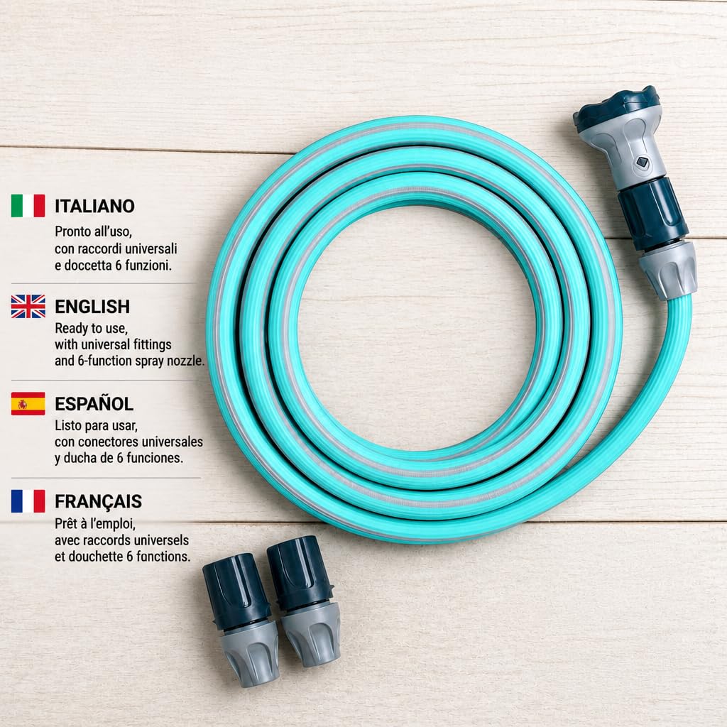 Idroeasy, manguera de jardín extensible de 30 metros con cabezal de ducha de 6 funciones y accesorios, manguera de jardín antitorsión y antinudos de 1/2", extensible hasta 3 veces, Made In Italy