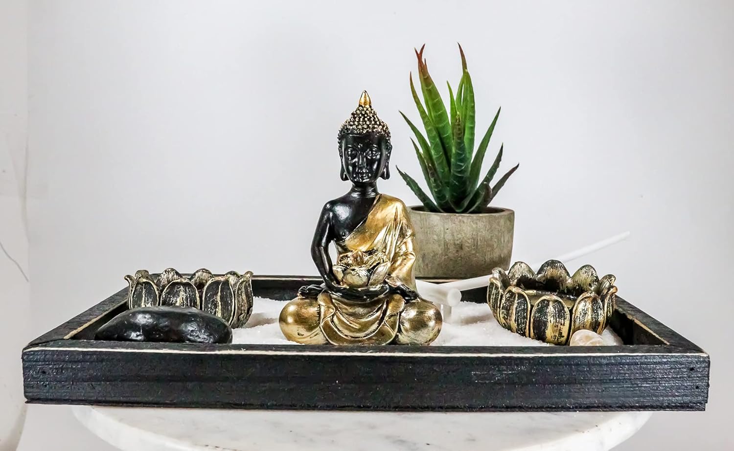 Ebros Gift Meditating Namaste Gautama Buddha Monk Shakyamuni in Golden Robe by Lotus Votive Candle Holders Zen Garden Kit with Pebbles Sand and Rake Figurine Buddhism Amitabha Candleholder