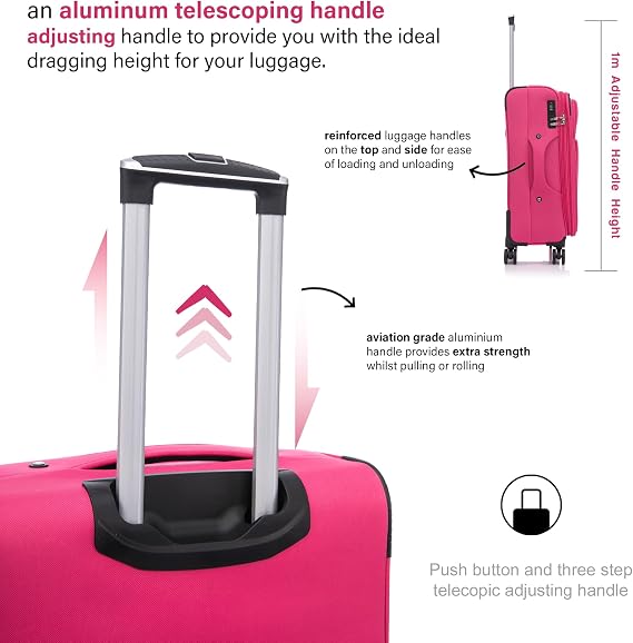 Aerostar Medium 26” Lightweight Softshell Expandable Suitcase, Integrated Combination Lock, 4 Wheels Check in Luggage for 15 to 20kg (Cerise Pink, 78 litres)