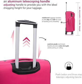 Aerostar Medium 26” Lightweight Softshell Expandable Suitcase, Integrated Combination Lock, 4 Wheels Check in Luggage for 15 to 20kg (Cerise Pink, 78 litres)