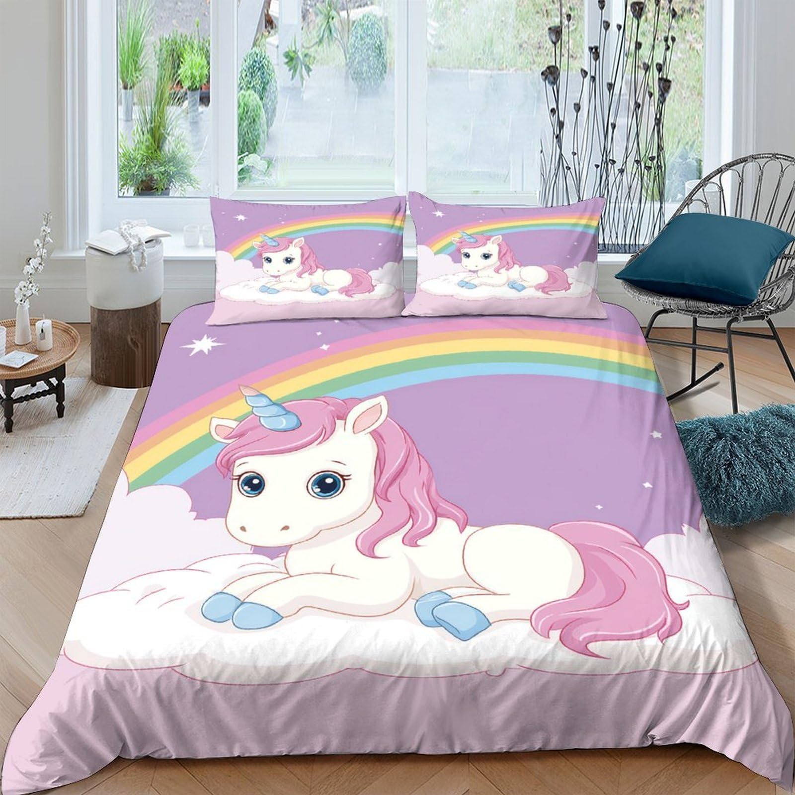 TUFRTGYHN 3D Printed Unicorn Rainbow Duvet Cover Microfiber Soft Pastel Bedding Set with 2 Pillowcases for Bedroom Decor Single（135x200cm）