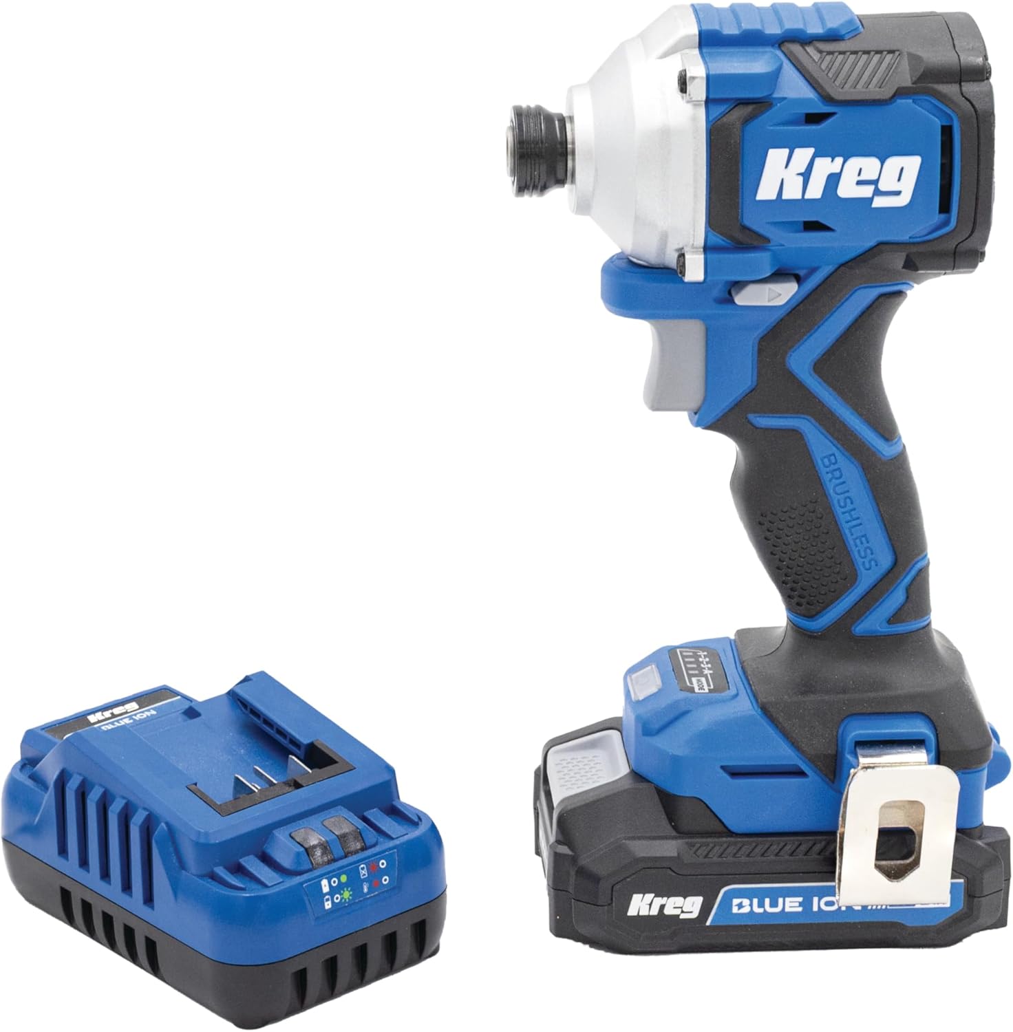 Kreg 20V Ionic Drive 1/4" Compact Impact Driver, 20V Blue Ion Charger & Blue Ion 2Ah Battery Pack - Compact, Cordless Driver with 2,200 in-lbs of Torque - 20V Variable Speed - LED Light - KPTBDV025A