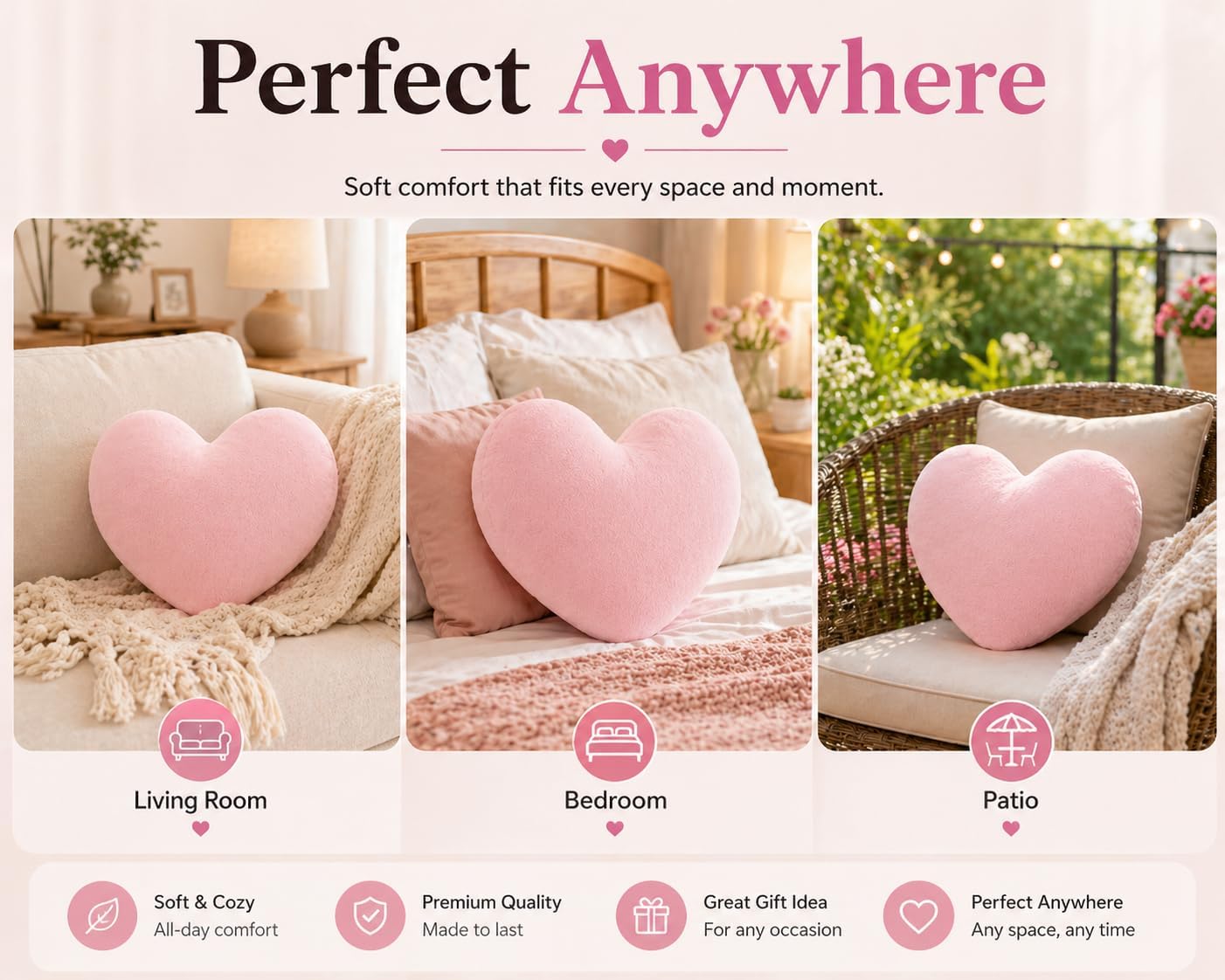 EVOLIVE Heart Shaped Pillow 15x17 Inch, Soft Micromink Throw Pillow, Romantic Love Gift for Valentine’s Day, Anniversary, Bedroom & Living Room Decor, Plush Indoor Cushion (Pink)