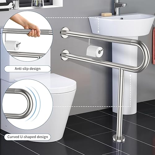 Miniatura 3 de ZUEXT - Barra de apoyo para inodoro con patas de 31.5 x 28 pulgadas, barra de soporte de inodoro moleteada de níquel cepillado con soporte para