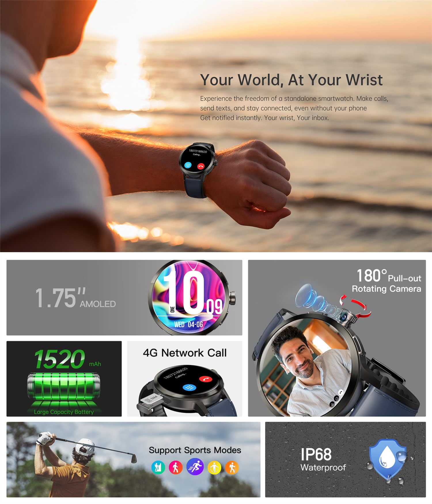 Orologio intelligente 4G SL8541E Quad Core 2GB 16GB Fotocamera rotante da uomo orologio 1.75 "AMOLED schermo grande Android 8.1 Smartwatch 1520mAh WiFi Bluetooth GPS orologio sportivo (Nero)