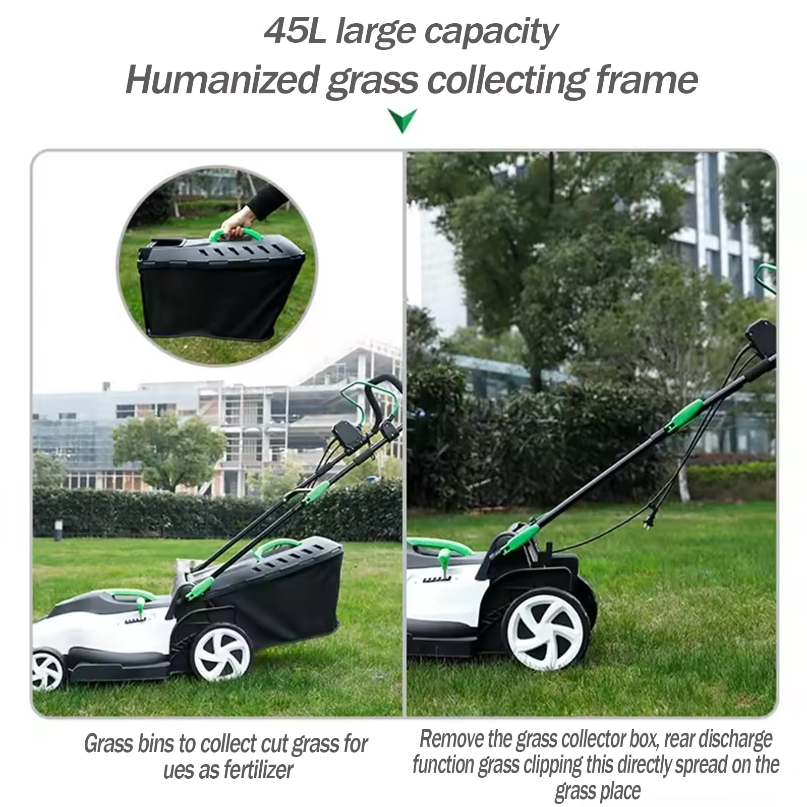 FfiMe Cortacésped eléctrico, 1800 W, Caja de césped Grande de 45 L, Ancho de Corte de 38 cm, 6 Alturas de Corte Ajustables (20-70 cm), Plegable para Almacenamiento, cortacésped inalámbrico