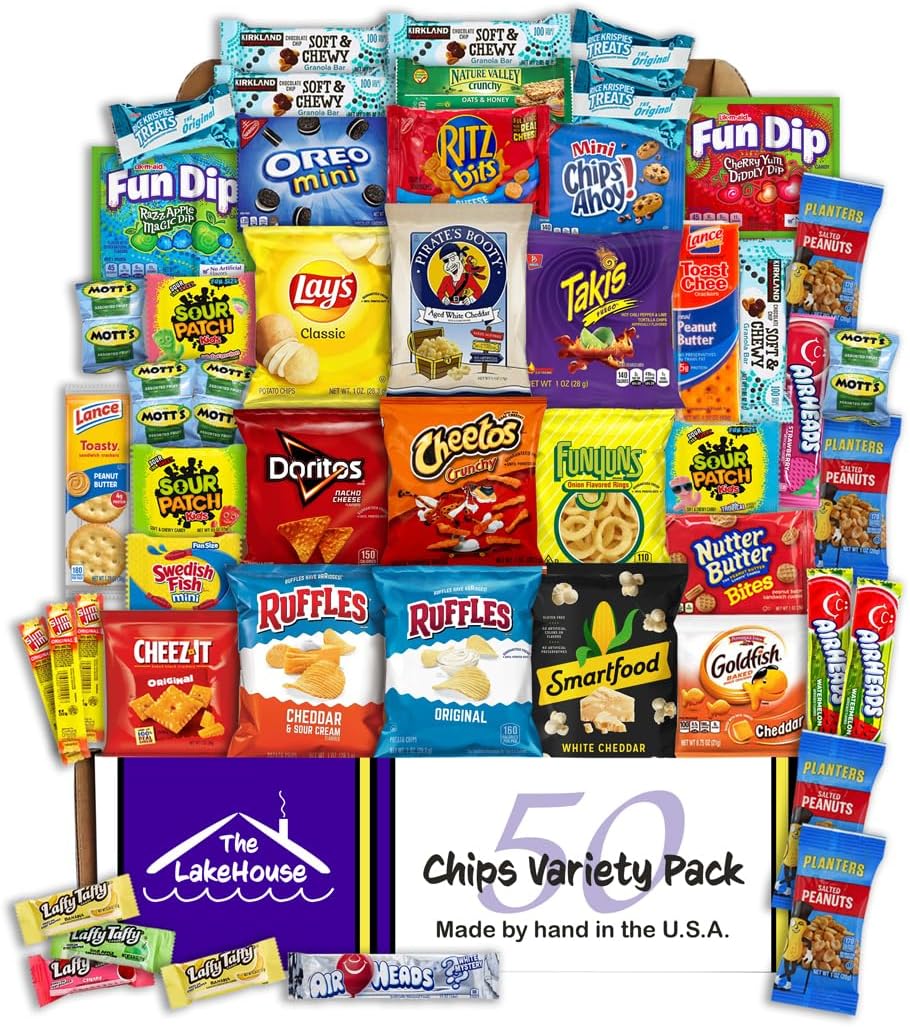 The LakeHouse Assorted Chip Pack, 50 Count - Snack Sample Packs for College Students, Kids and Adults - Individually Packaged Snacks for School Or Escr