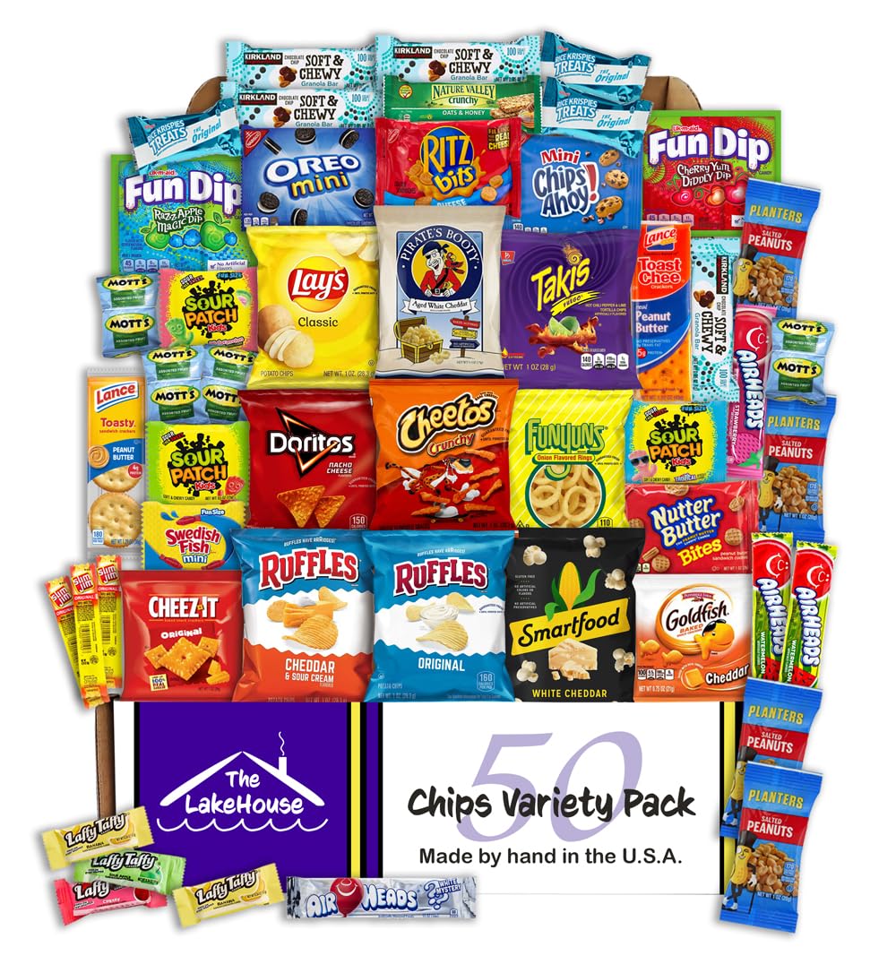 Chips Variety Pack 50 Count - Snacks Sampler Care Packages for College Students, Kids, Adults - Individually Wrapped School or Office Snacks with Chips, Cookies, Candy - Snack Packs from The LakeHouse