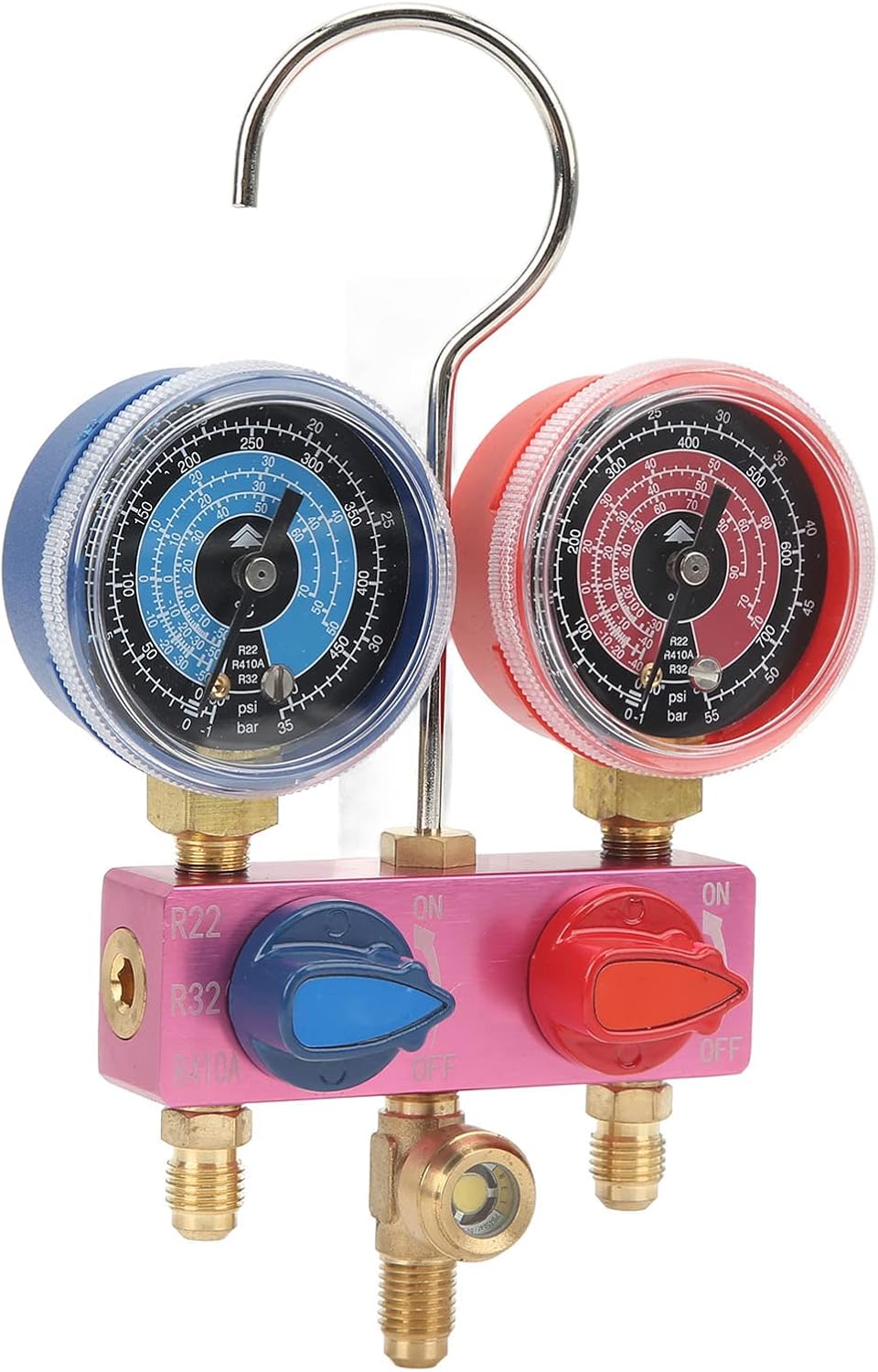 Diagnostic Manifold Gauge Mini G1/4 with Metal Knob, Mini Manifold Gauge Compact a ir Conditioning Tool for R22 R32 R410A Refrig Portable and for Long-Lasting