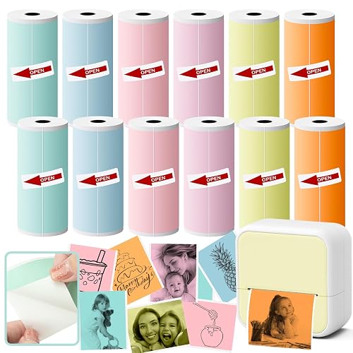 Mini Thermal Printer Sticker Paper, 12 Rolls Colored Thermal Sticker Paper Kids Instant Camera Refill Print Paper, Atnadov HD Thermal Paper for Most Kids Instant Camera (Colored -12 Rolls）