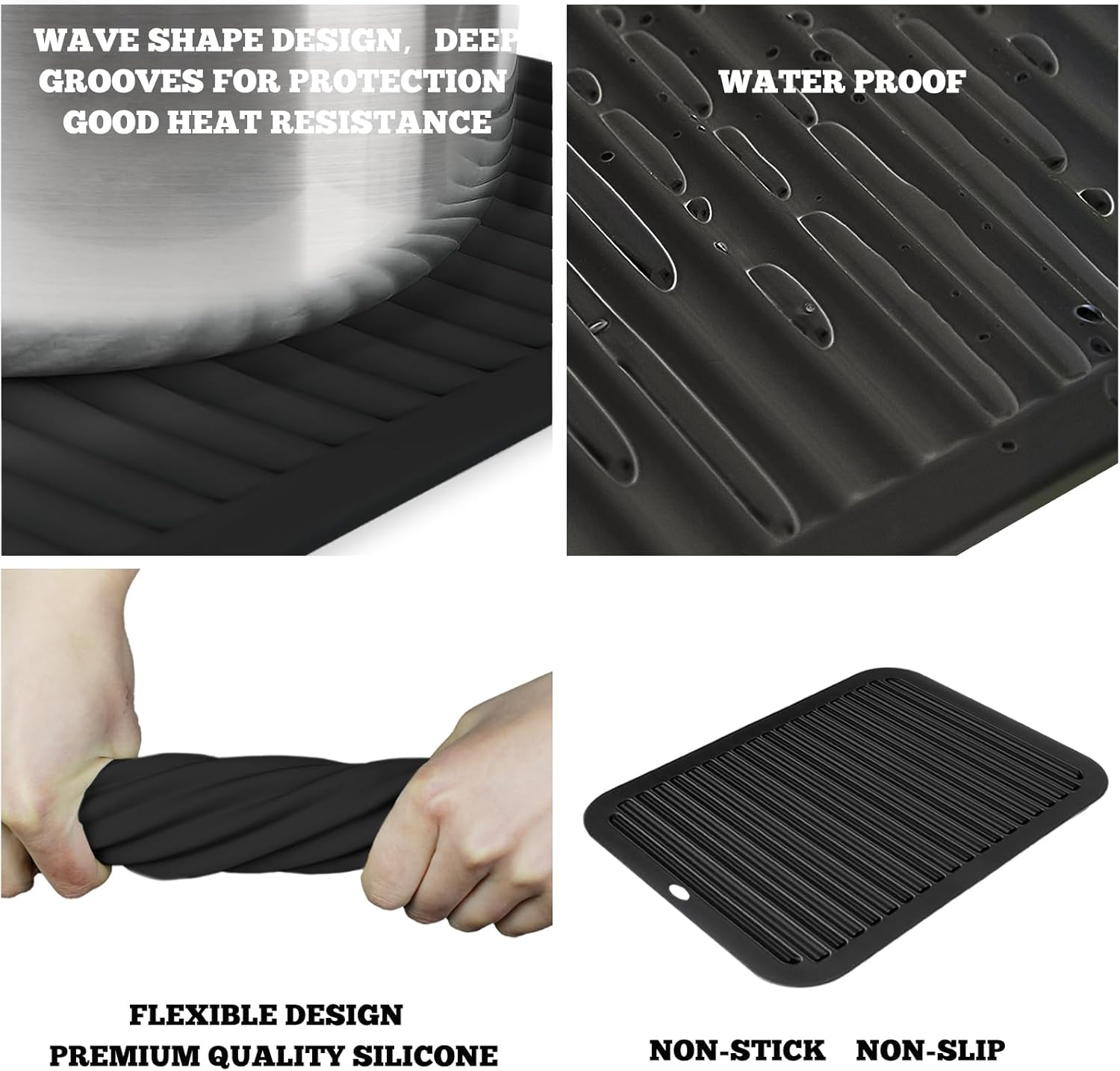 TOPULORS 3 PCS Silicone Trivets for Hot Pots and Pans 9"x12" Heat Resistant Mat Hot Pads for Kitchen Quartz Countertops - Dish Drying Mat Non-Slip Potholders Pot Holders Trivets for Hot Dishes - Black - Image 4