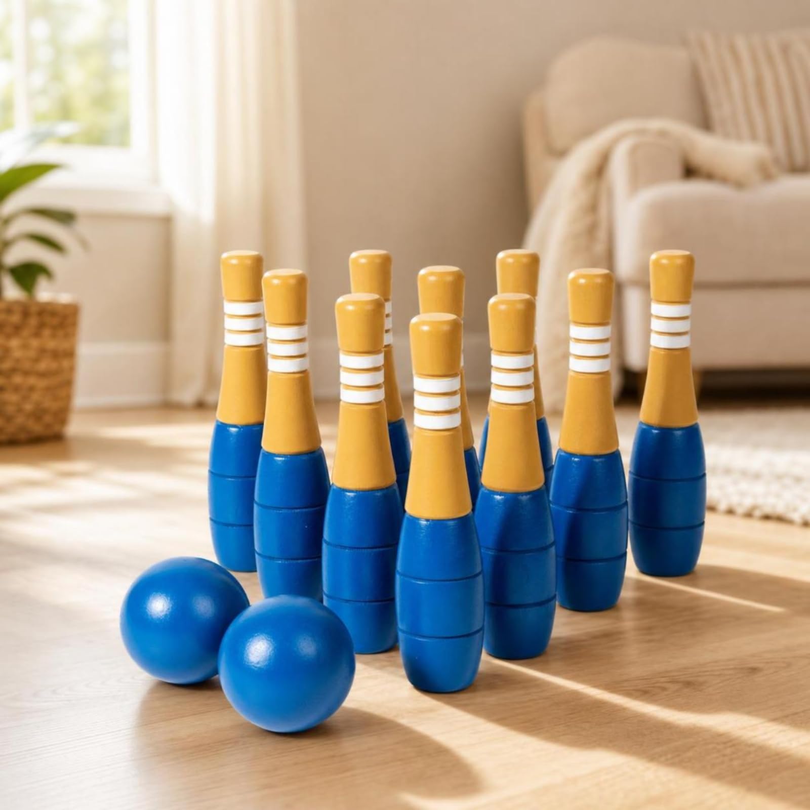 Kinder Bowling Spiel Kegelset Kegelbahn Bowlingset Bowlingpins aus Holz für Geschicklichkeit Räumliches Verständnis Sanftes Spiel Im Innenbereich für Kleinkinder Wohnzimmer