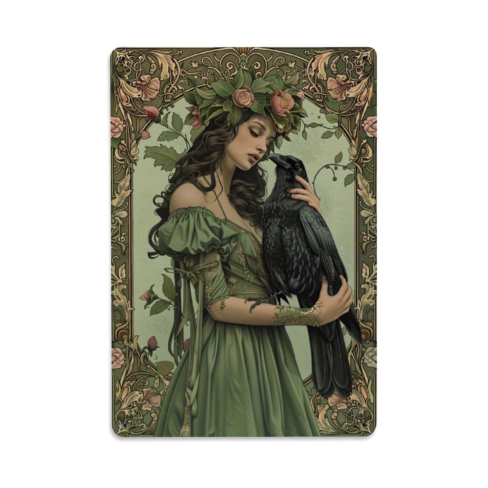Jdfenggu Vintage Floral Woman Raven Green Retro Metal Tin Sign, Decor Art Poster For Bar, Home, Man Cave, Kitchen, Laundry Room Gift 8X12inch