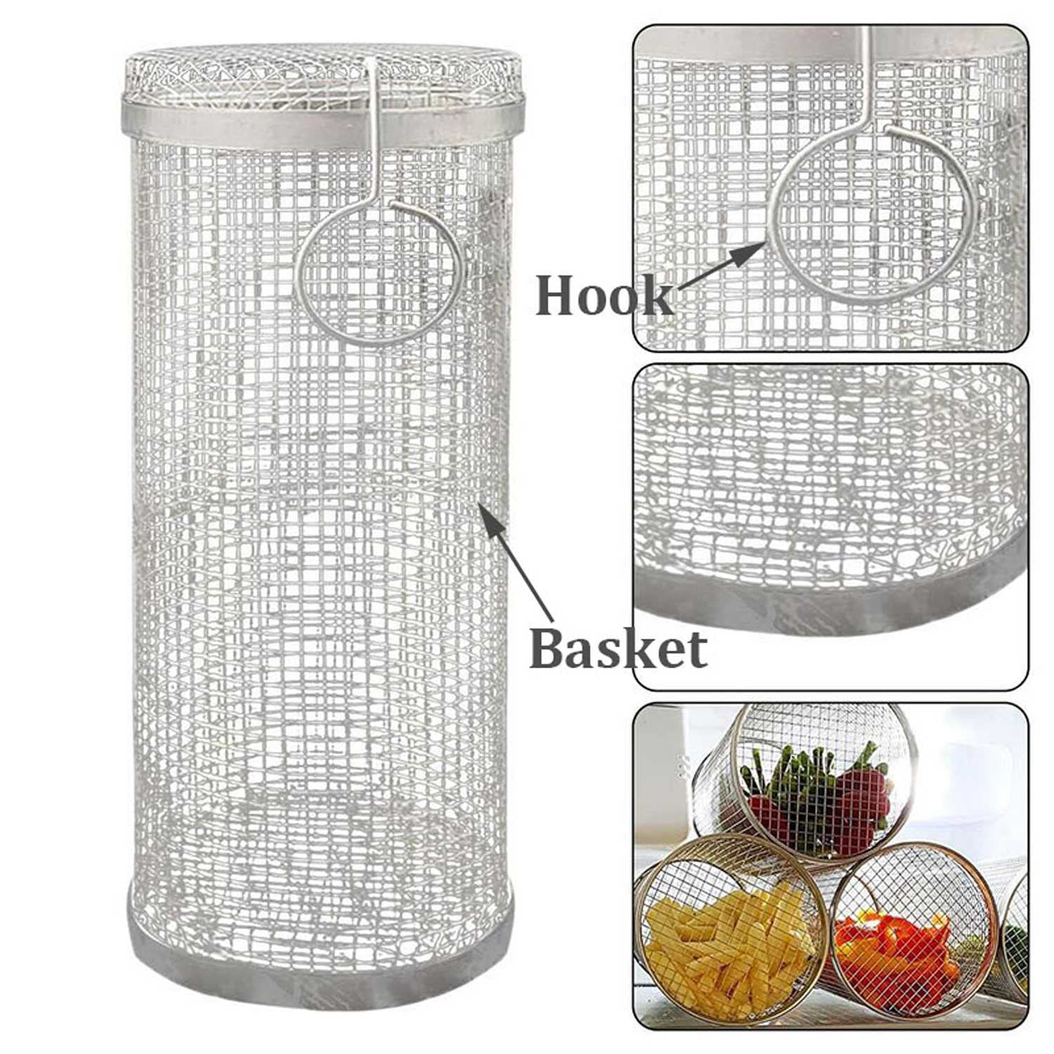 Rolling Grill Basket Grill Cylinder ze stali nierdzewnej Grillowanie Palarnia z obracającym się bębnem o 360° DIYKuchenne narzędzie kuchenne do orzeszków ziemnych Ziarna kawy Warzywa, ryby, krewetki