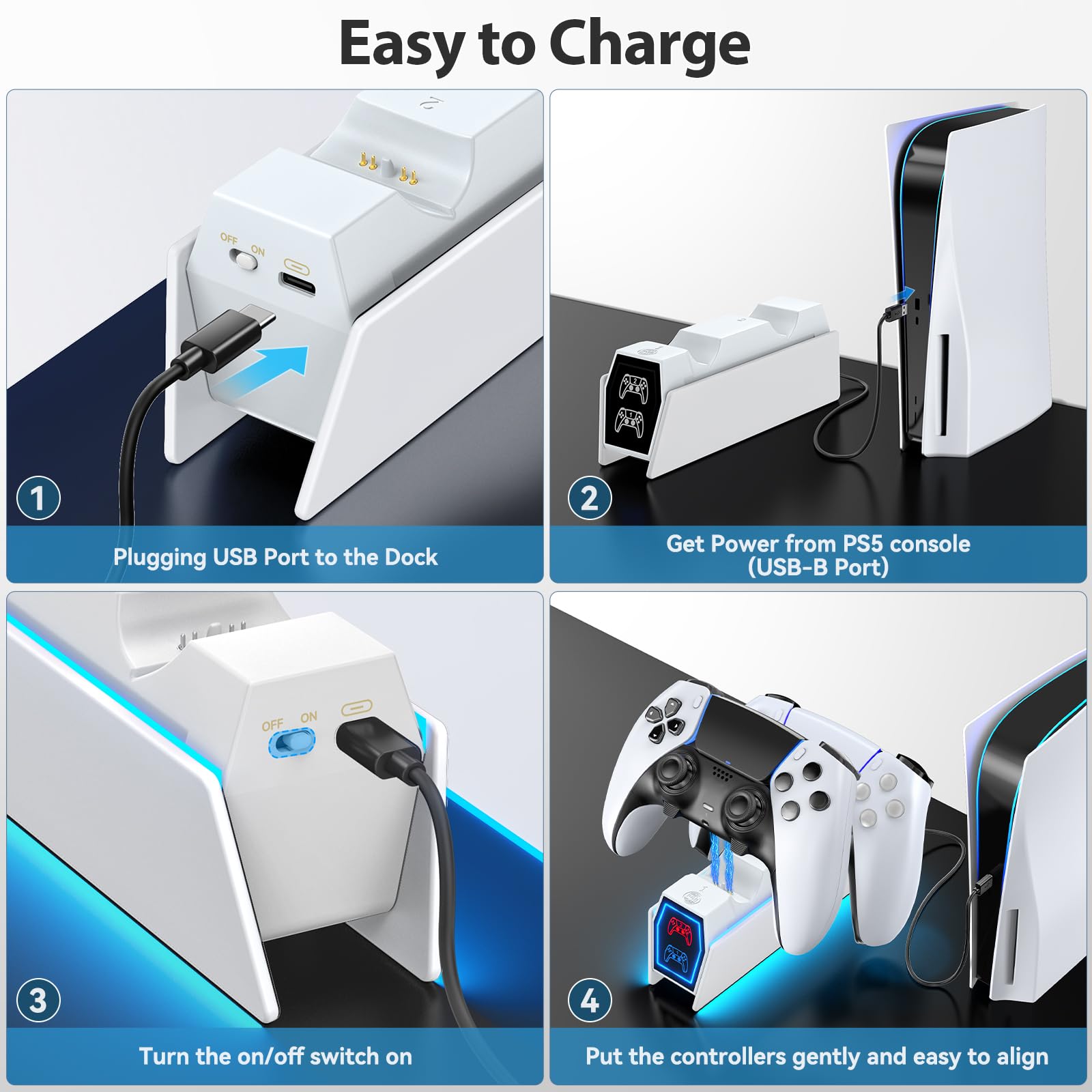 Caricatore per PS5 Controller con Cavo, Base di Ricarica per P5 e P5 Edge, 2,5H Riarica per PS5 Controller Compatibile con PS 5 Edge, Kit Accessori per Playstation 5 Console, Bianco