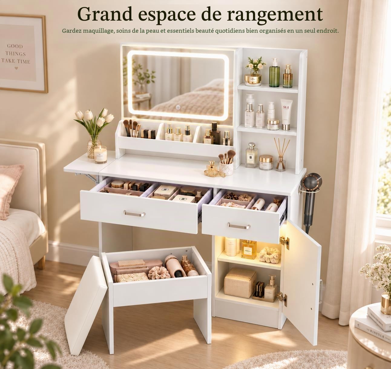 Coiffeuse avec Miroir LED, Tabouret, 2 Prises & 2 USB-A, Blanc