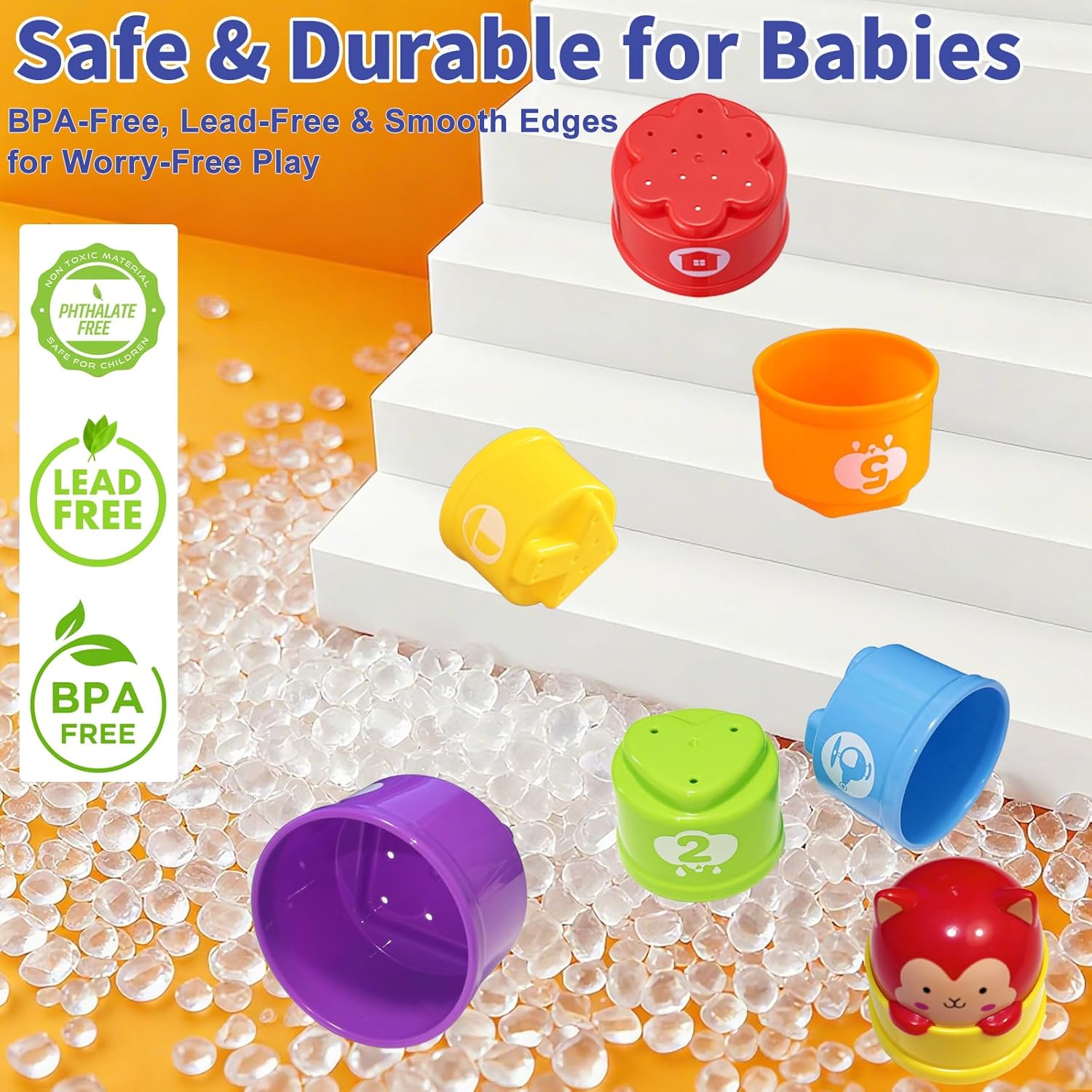 WEEJOYGAM Baby Stacking Cups, Nesting Stacking Toys for Toddlers 1-3 with Light and Sound, Montessori Toys for 1 Year Old Babies 6-12 12-18 Months Easter Gift Color Stack Bath Beach Blocks Rainbow Set