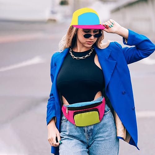 Miniatura 6 de Cindeer Paquete de 2 riñoneras de neón de los años 80 y 90 para mujer, sombrero de neón, cangurera retro para fiesta de los años 80 y 90, festival