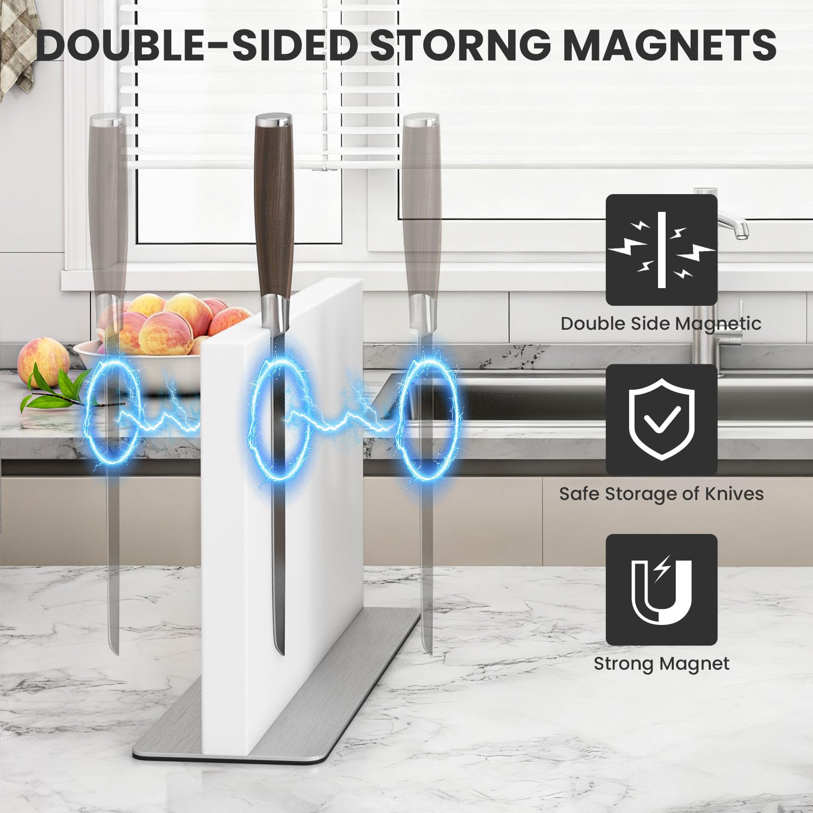 THMINS Biały magnetyczny blok na noże ze stali nierdzewnej dwustronny magnetyczny uchwyt na noże, uniwersalny wielofunkcyjny stojak ekspozycyjny na blat kuchenny