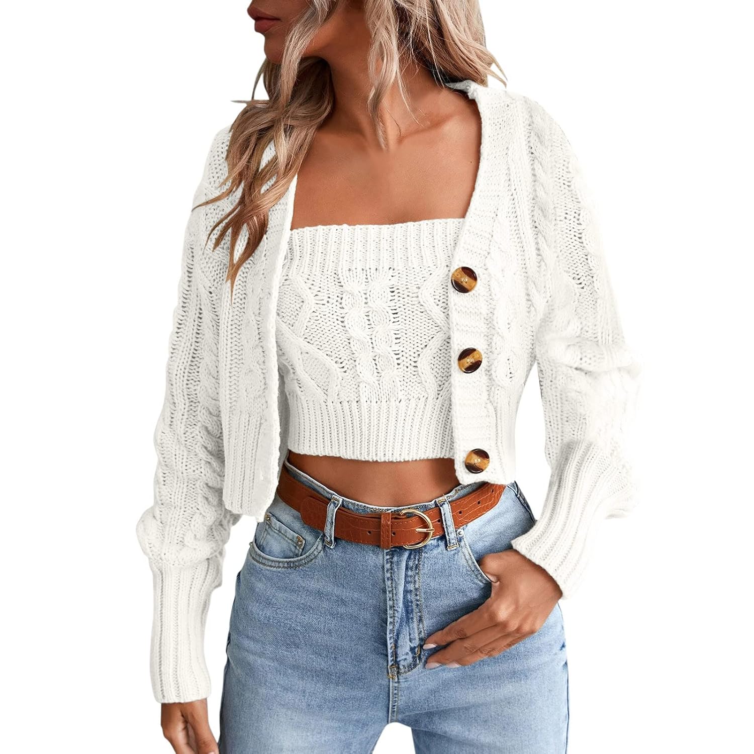 Cropped Cardigan Sweaters for Women with Rib Knit Tube Top 2 Piece Trendy Long Sleeve Open Front Cardigans