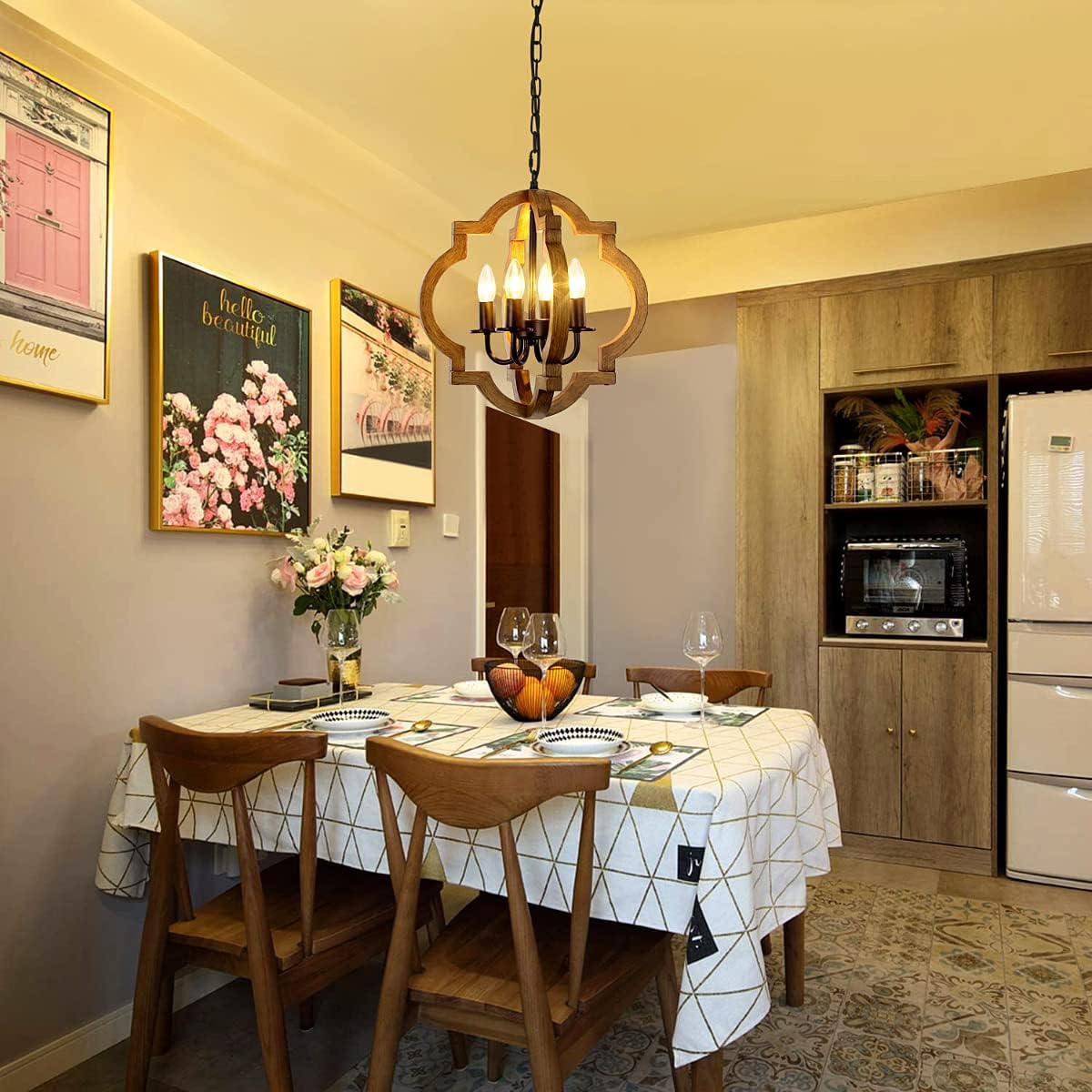 Farmhouse Orb Chandelier, 4-Light Rustic Wood Chandelier for Dining Room, 15.74'' Pendant Light for Kitchen Island Hallway Foyer Entryway Bedroom