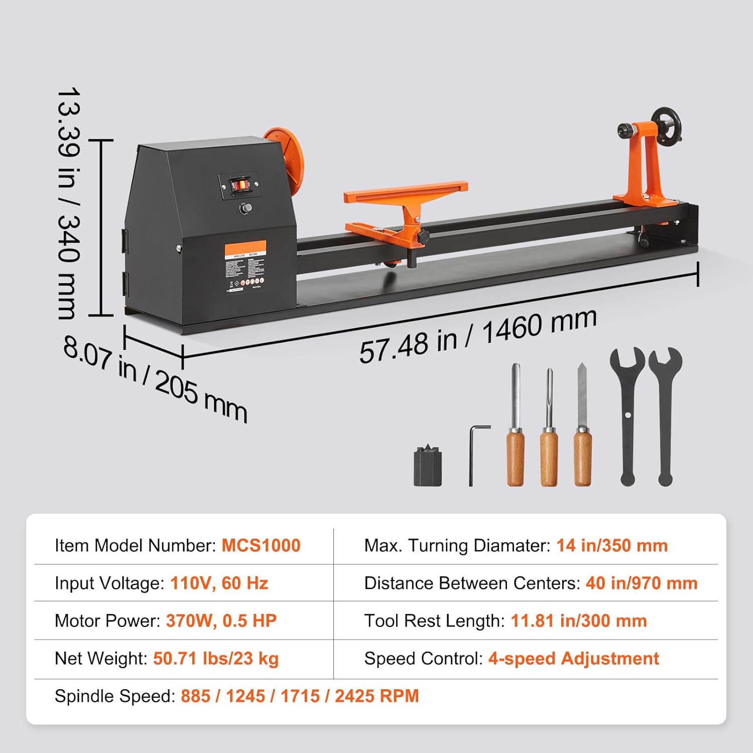 Happybuy Tabletop Wood Lathe, Dimensions 14x40 inches, Motor Power 0.5 HP 370W, Features Variable Speeds 885/1245/1715/2425 RPM