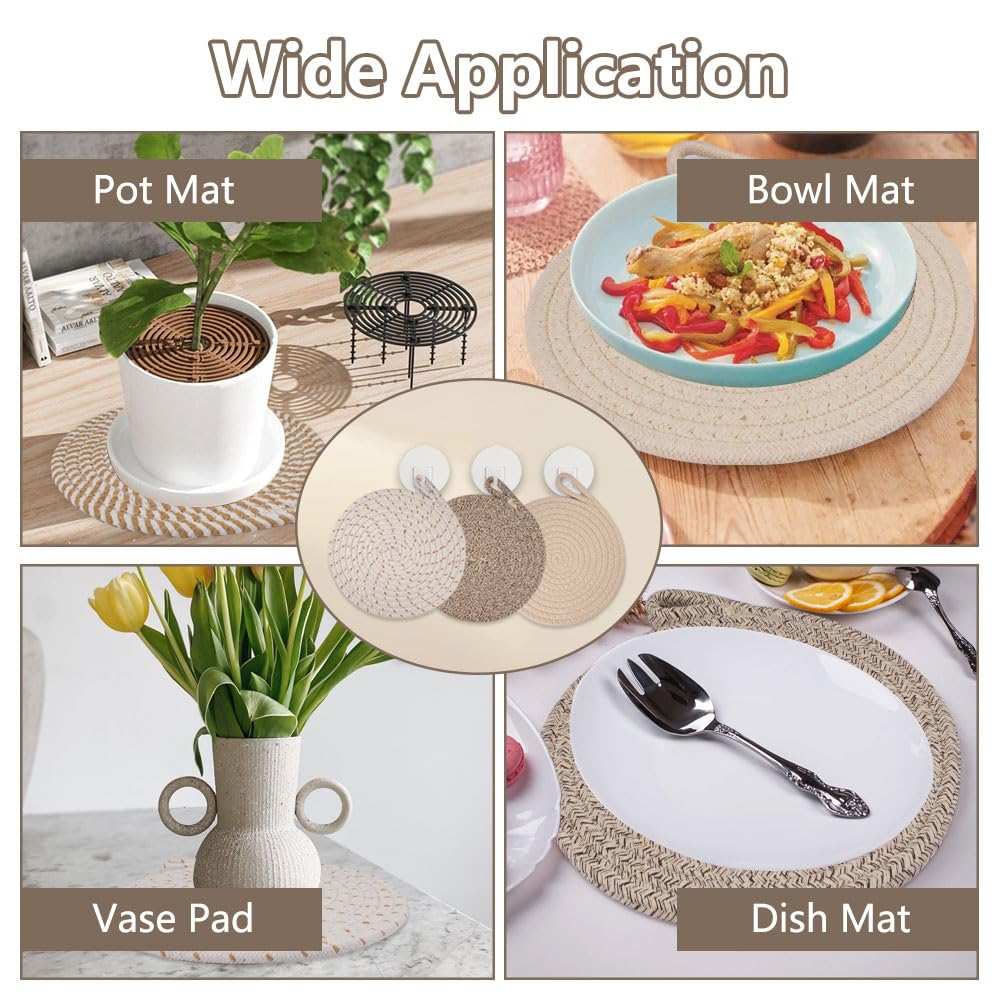 Lot de 4 Dessous de Plats Résistants à La Chaleur pour Plats Chauds 20 cm/7.87 inch,Dessous de Verre en Coton Tissé, Dessous de Plat en Fil de Coton Ronds, sous Plat de Table pour Casseroles,Poêles