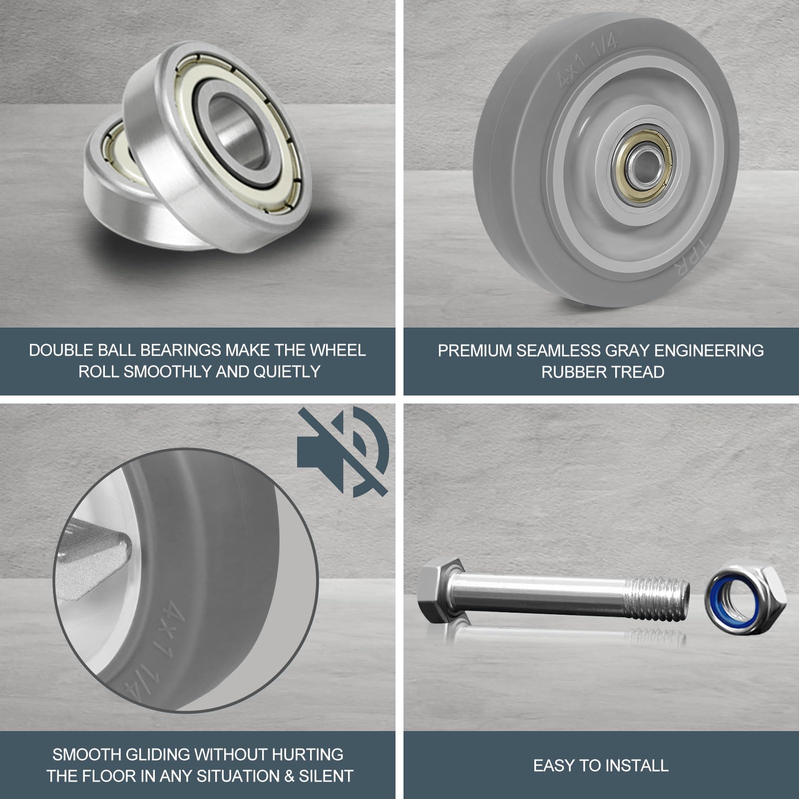 Ruote piroettanti da 4 pollici, ruote in gomma termoplastica silenziose (set da 4) - Ruote piroettanti resistenti con capacità di carico di 1600 libbre, ruote piroettanti industriali per carrelli, m