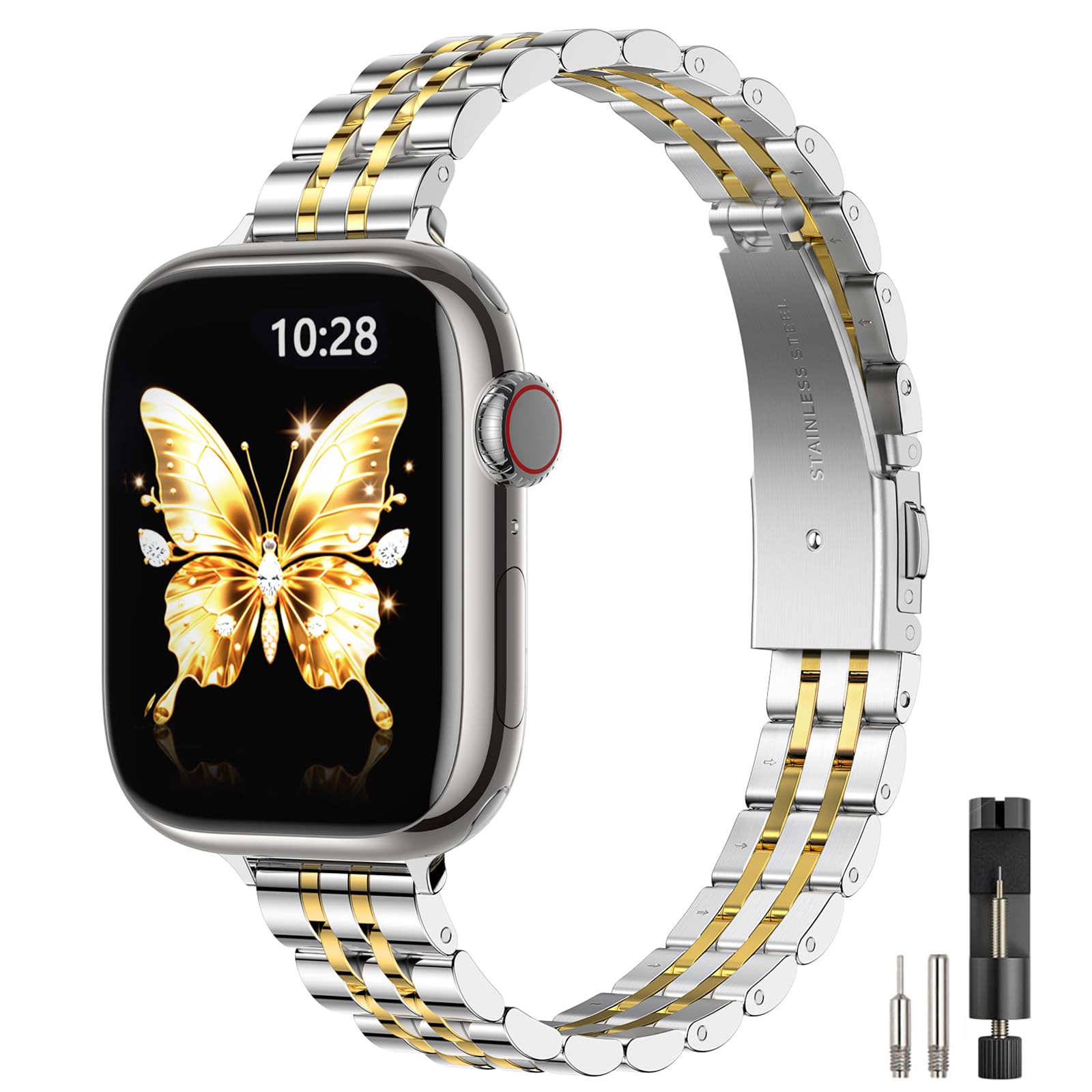Photo 1 of STIROLL Slim Metal Band Compatible with Apple Watch 41mm 40mm 38mm 42mm(Series 11 10) Women, Stylish Thin Stainless Steel Chain Straps for iWatch Bands Series 9 8 7 6 5 4 3 2 1 SE, Silver Gold
