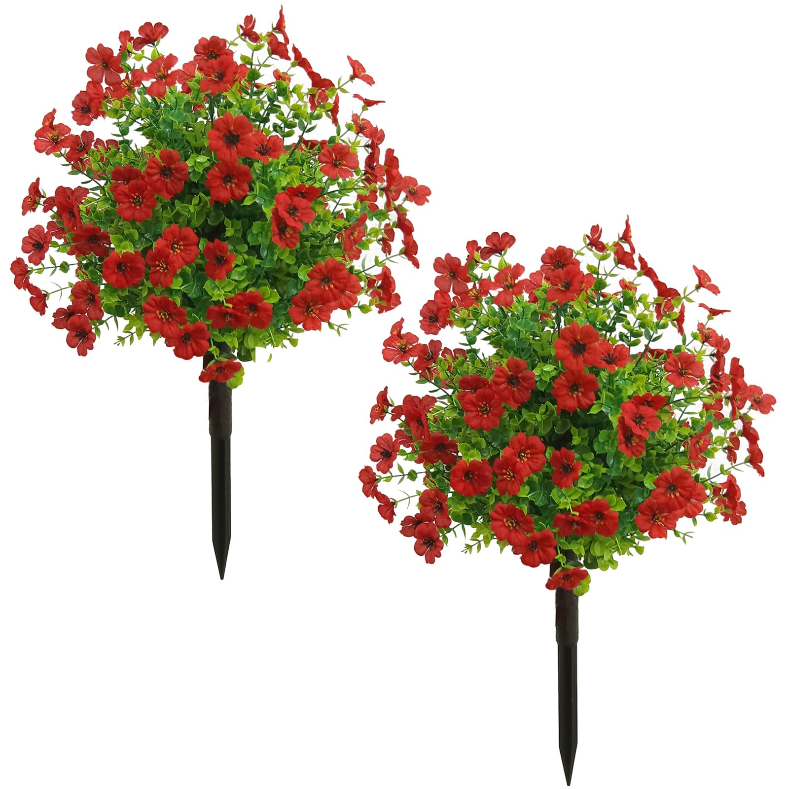 ChYoung 2 Pack Artificial Boxwood Topiary Ball Tree with Flower Fake Plant with Ground Spike 24 Inches Faux Topiaries Houseplants Fake Decorative Greenery Plants (2, Red)